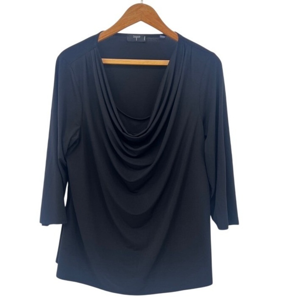Tahari Draped Cowl Neckline Basic Black Neutral Dressy Blouse 3/4 Sleeve Size 1X